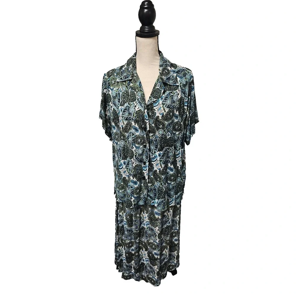 Vintage Japna Size Large Top and Medium Skirt Suit Paisley Boho Black Blue Green